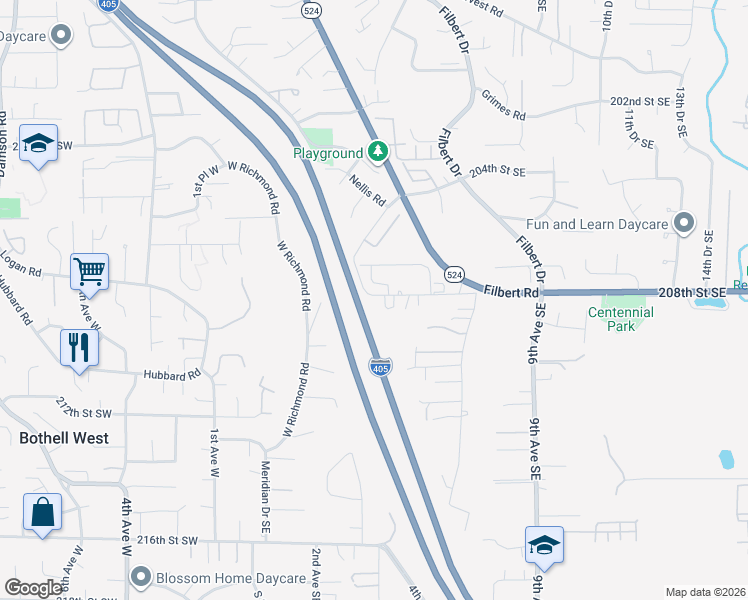 map of restaurants, bars, coffee shops, grocery stores, and more near 310 208th Street Southeast in Bothell