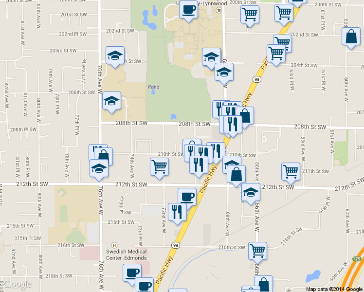 map of restaurants, bars, coffee shops, grocery stores, and more near 7017 210th Street Southwest in Lynnwood