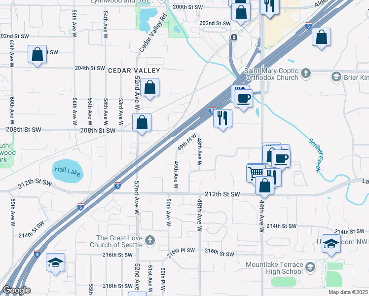 map of restaurants, bars, coffee shops, grocery stores, and more near 20823 49th Place West in Lynnwood