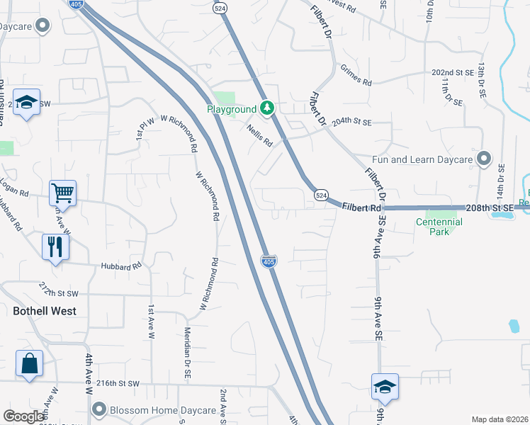 map of restaurants, bars, coffee shops, grocery stores, and more near 310 208th Street Southeast in Bothell