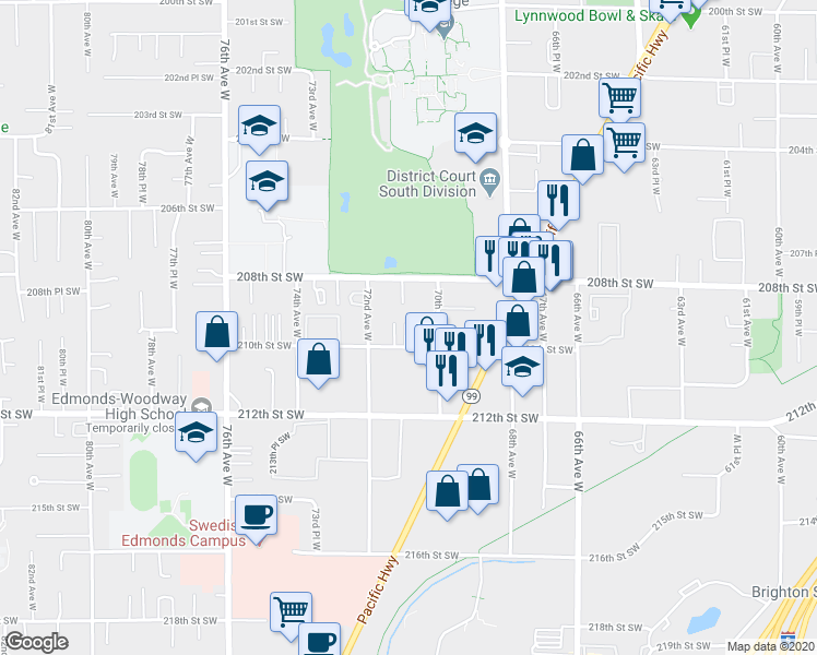 map of restaurants, bars, coffee shops, grocery stores, and more near 7017 210th Street Southwest in Lynnwood