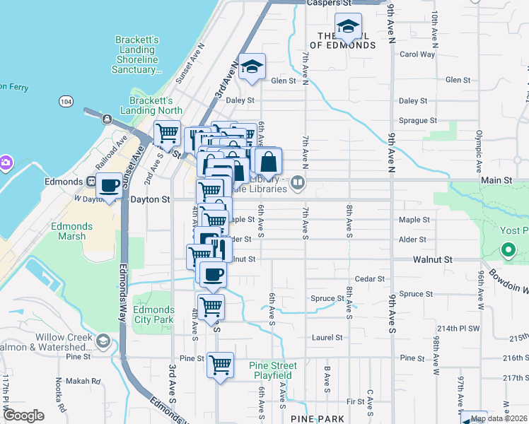 map of restaurants, bars, coffee shops, grocery stores, and more near 215 6th Avenue South in Edmonds