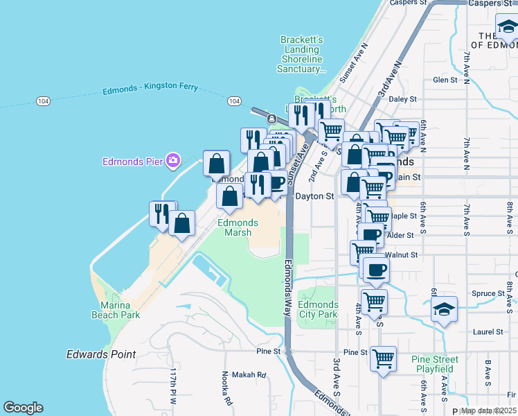 map of restaurants, bars, coffee shops, grocery stores, and more near 120 West Dayton Street in Edmonds