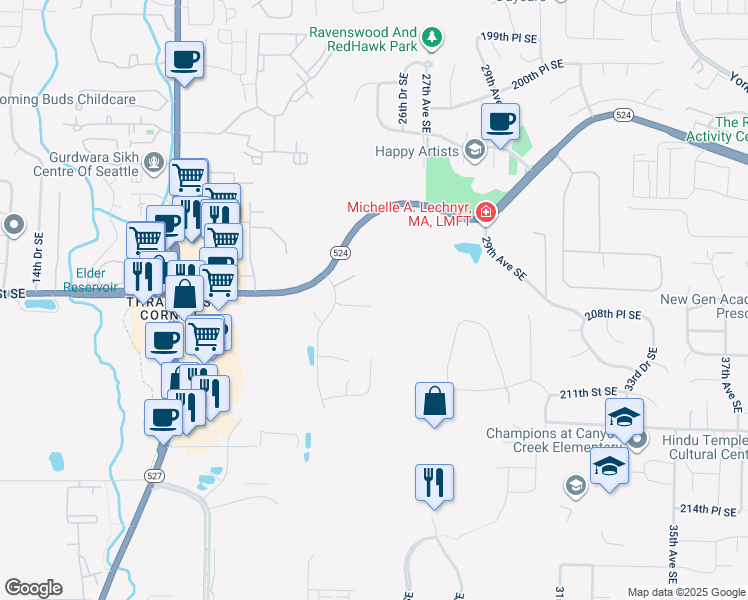map of restaurants, bars, coffee shops, grocery stores, and more near 2421 208th Place Southeast in Bothell