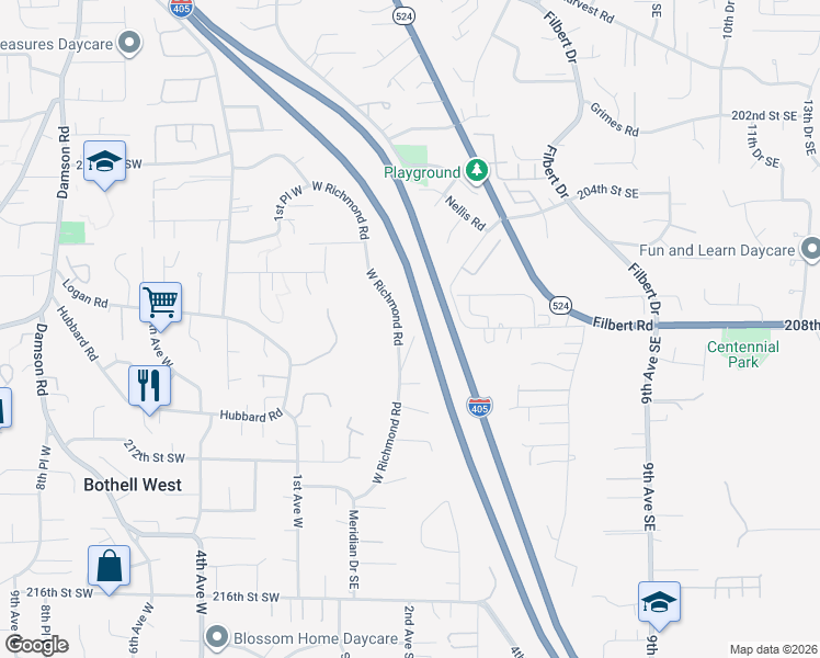 map of restaurants, bars, coffee shops, grocery stores, and more near 20803 West Richmond Road in Bothell
