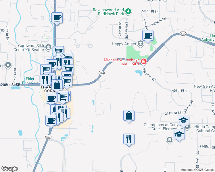 map of restaurants, bars, coffee shops, grocery stores, and more near 2421 208th Place Southeast in Bothell