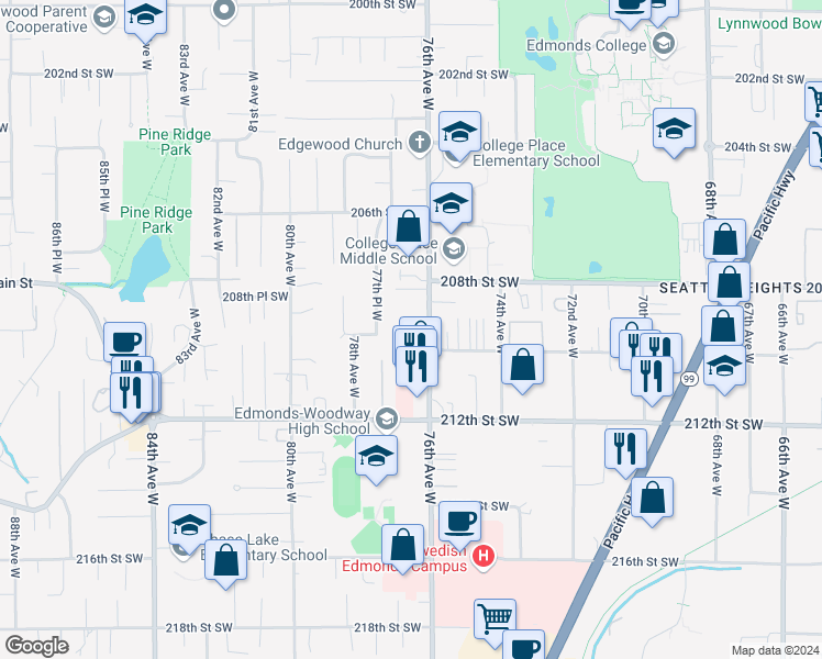 map of restaurants, bars, coffee shops, grocery stores, and more near 20874 76th Avenue West in Edmonds