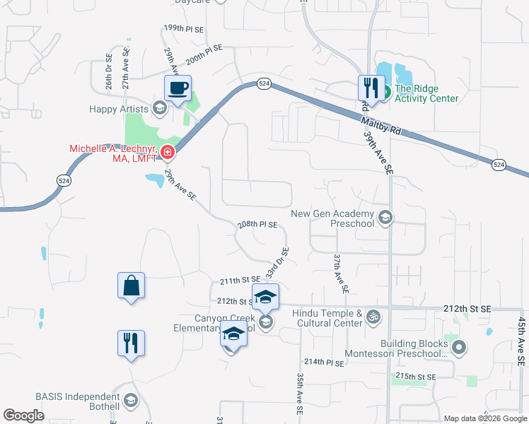 map of restaurants, bars, coffee shops, grocery stores, and more near 3316 207th Place Southeast in Bothell