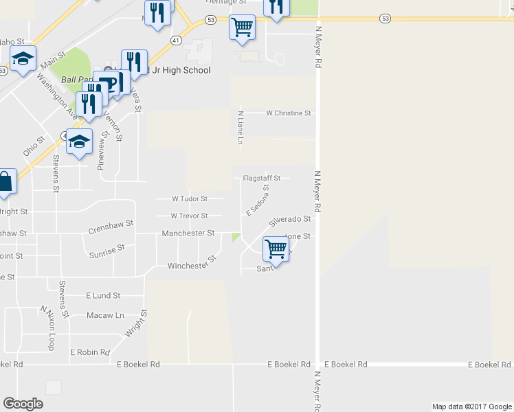 map of restaurants, bars, coffee shops, grocery stores, and more near 1599 East Sedona Street in Rathdrum