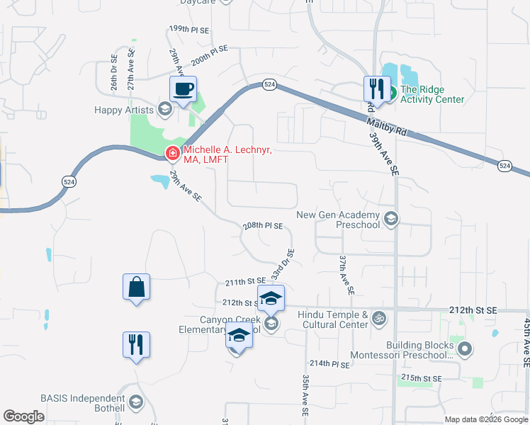 map of restaurants, bars, coffee shops, grocery stores, and more near 3310 207th Place Southeast in Bothell