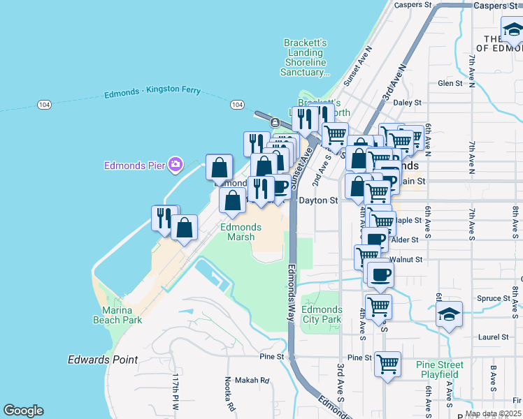 map of restaurants, bars, coffee shops, grocery stores, and more near 120 West Dayton Street in Edmonds