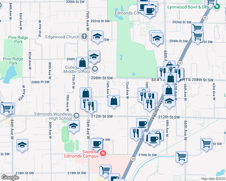 map of restaurants, bars, coffee shops, grocery stores, and more near 7315 210th Street Southwest in Edmonds