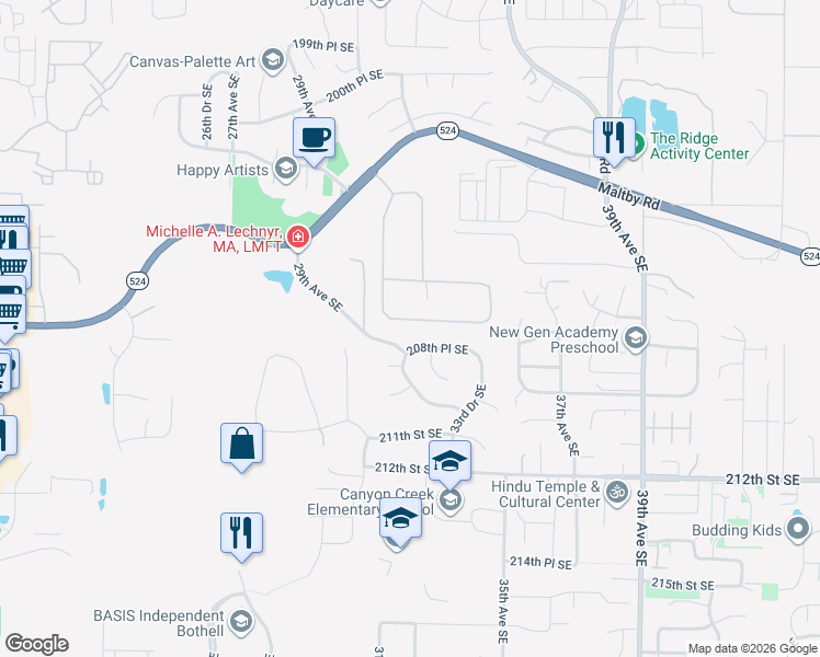 map of restaurants, bars, coffee shops, grocery stores, and more near 3210 207th Place Southeast in Bothell
