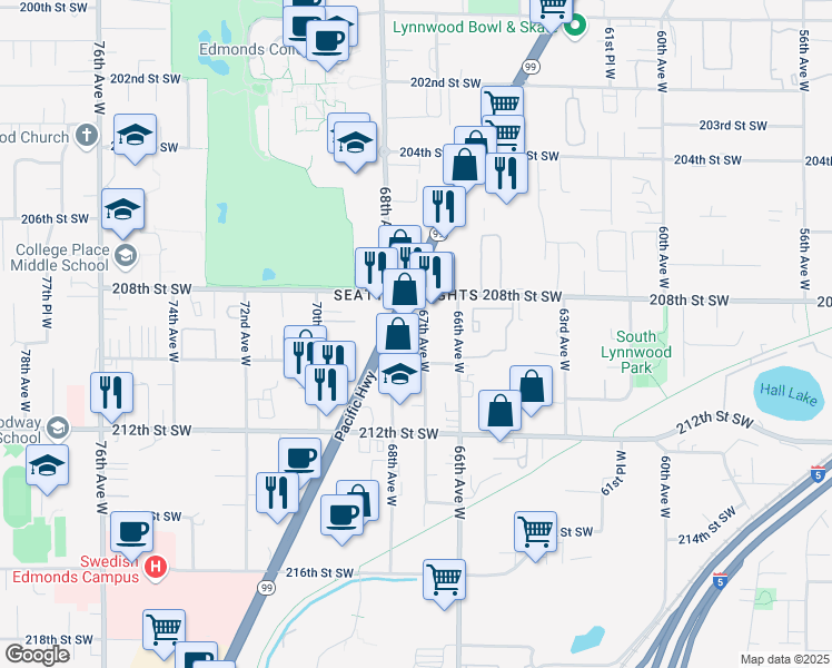 map of restaurants, bars, coffee shops, grocery stores, and more near 20909 67th Avenue West in Lynnwood