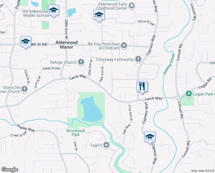 map of restaurants, bars, coffee shops, grocery stores, and more near 20816 23rd Avenue West in Lynnwood