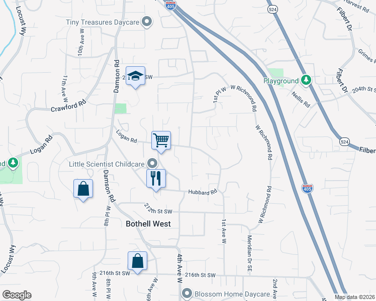 map of restaurants, bars, coffee shops, grocery stores, and more near 20804 3rd Avenue West in Lynnwood