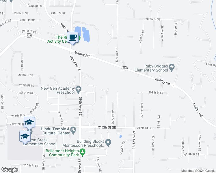 map of restaurants, bars, coffee shops, grocery stores, and more near 20727 42nd Avenue Southeast in Bothell