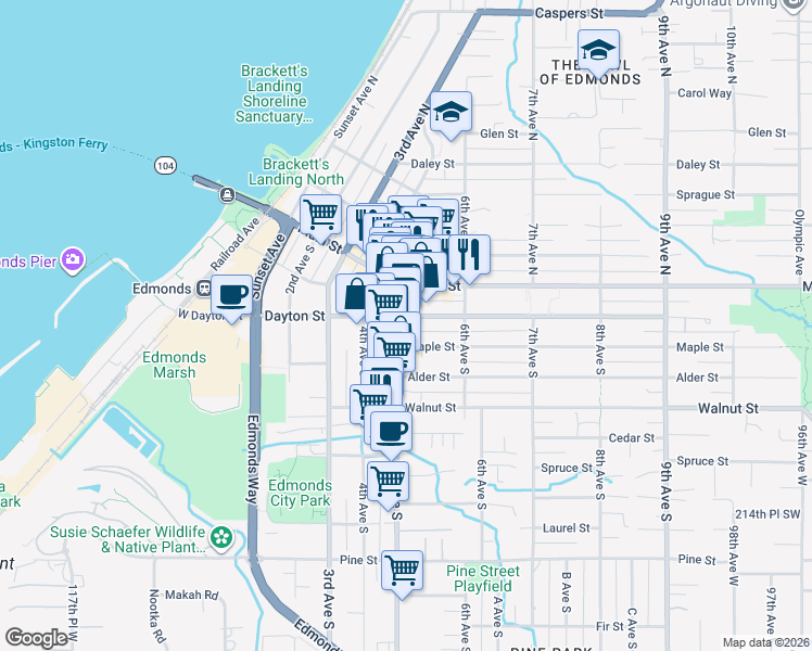 map of restaurants, bars, coffee shops, grocery stores, and more near 201 5th Avenue South in Edmonds