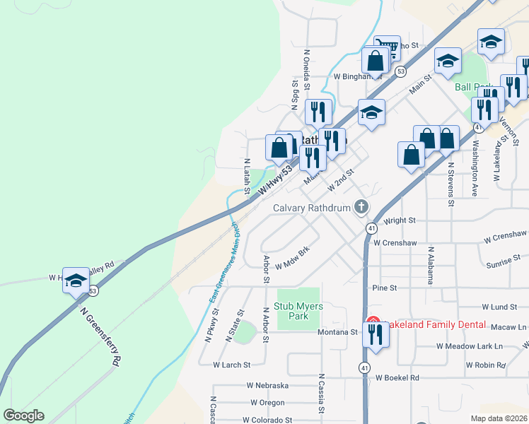 map of restaurants, bars, coffee shops, grocery stores, and more near 8944 West Meadow Brook Circle in Rathdrum