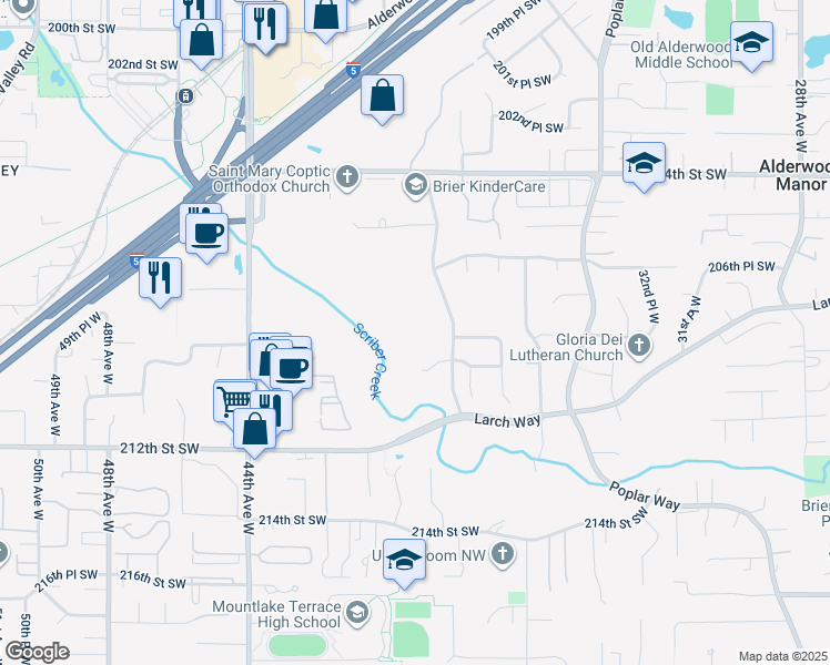 map of restaurants, bars, coffee shops, grocery stores, and more near 3823 209th Place Southwest in Lynnwood