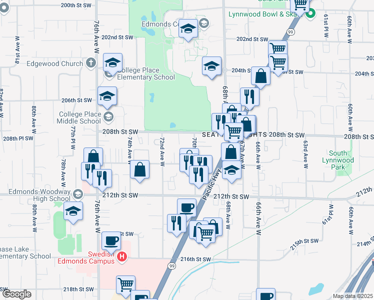map of restaurants, bars, coffee shops, grocery stores, and more near 7017 210th Street Southwest in Lynnwood