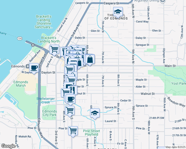 map of restaurants, bars, coffee shops, grocery stores, and more near 610 Dayton Street in Edmonds