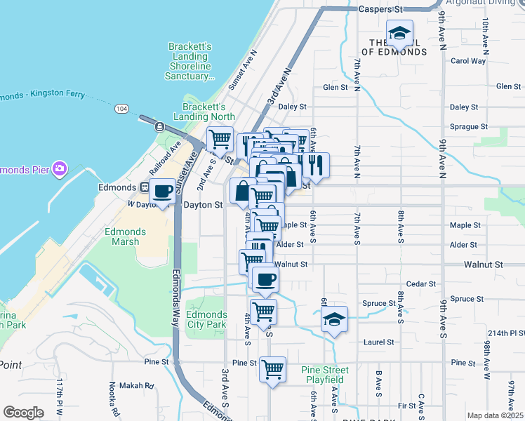 map of restaurants, bars, coffee shops, grocery stores, and more near 201 5th Avenue South in Edmonds