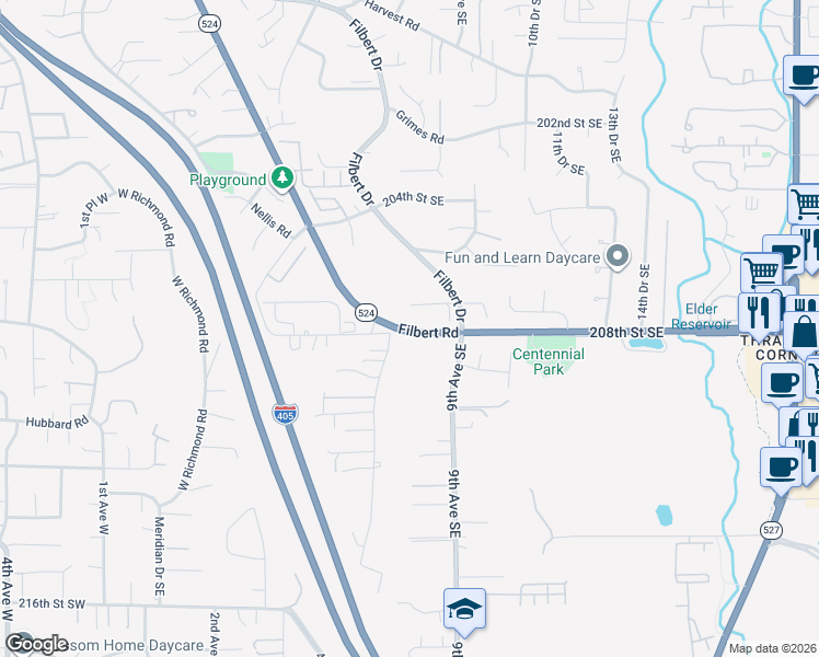 map of restaurants, bars, coffee shops, grocery stores, and more near 711 208th Street Southeast in Bothell
