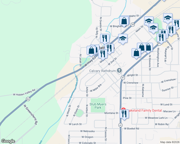 map of restaurants, bars, coffee shops, grocery stores, and more near 8944 West Meadow Brook Circle in Rathdrum