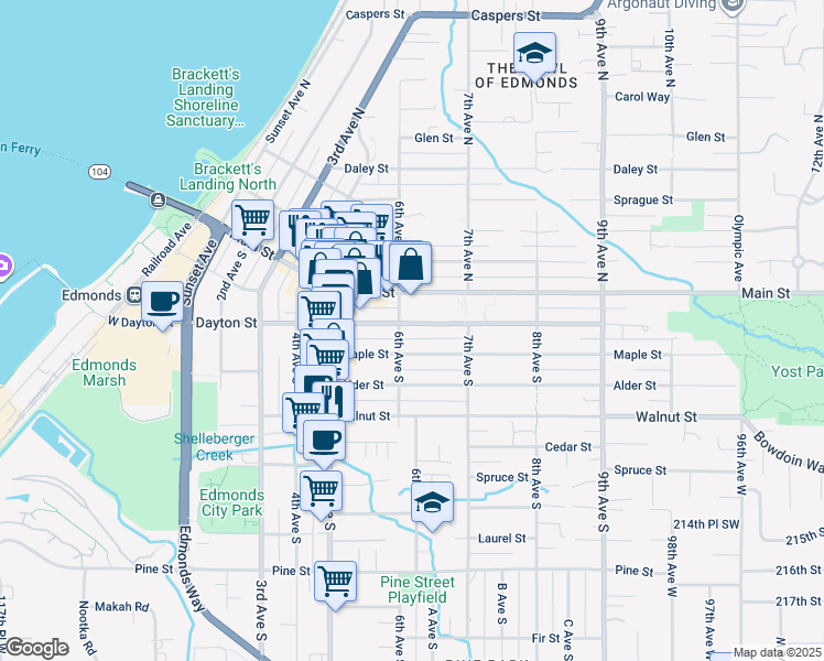 map of restaurants, bars, coffee shops, grocery stores, and more near 610 Dayton Street in Edmonds