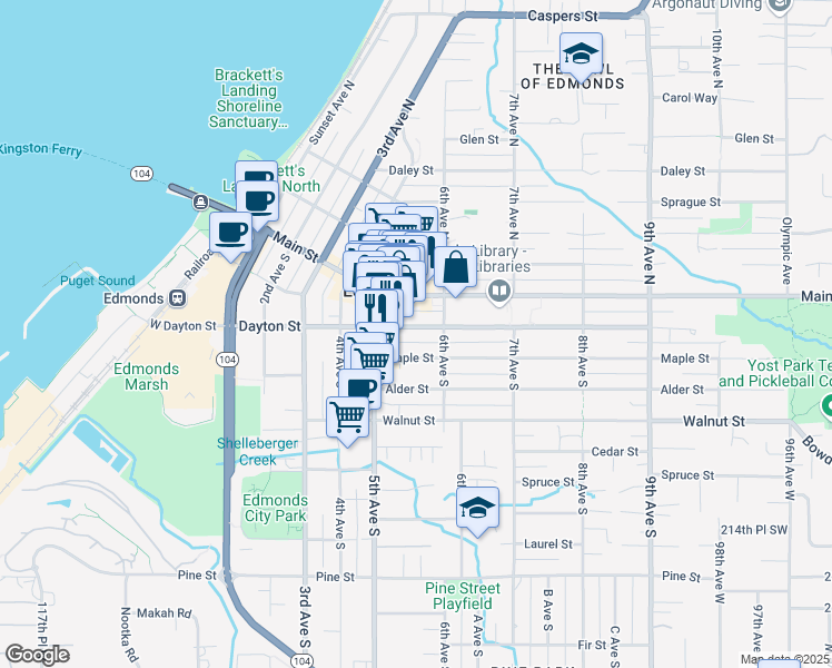 map of restaurants, bars, coffee shops, grocery stores, and more near 530 Dayton Street in Edmonds