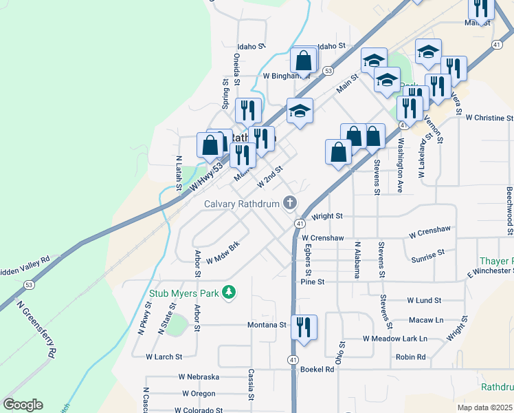 map of restaurants, bars, coffee shops, grocery stores, and more near 15095 Anthony Street in Rathdrum