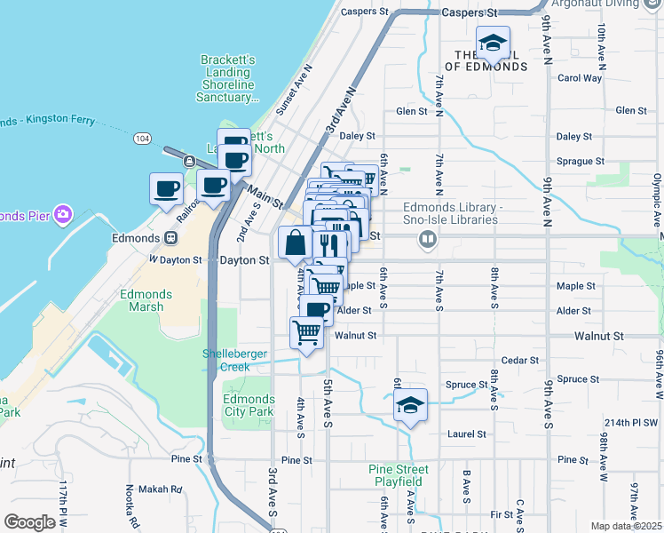 map of restaurants, bars, coffee shops, grocery stores, and more near 201 5th Avenue South in Edmonds