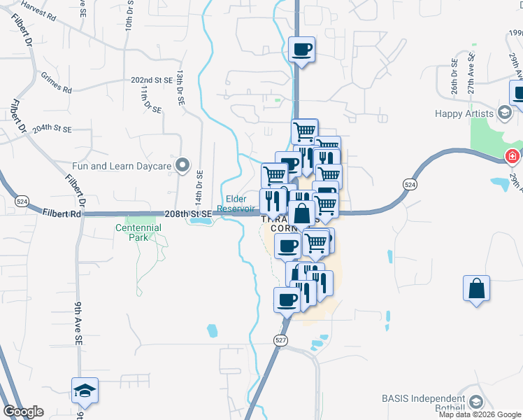 map of restaurants, bars, coffee shops, grocery stores, and more near 1835 208th St SE in Bothell