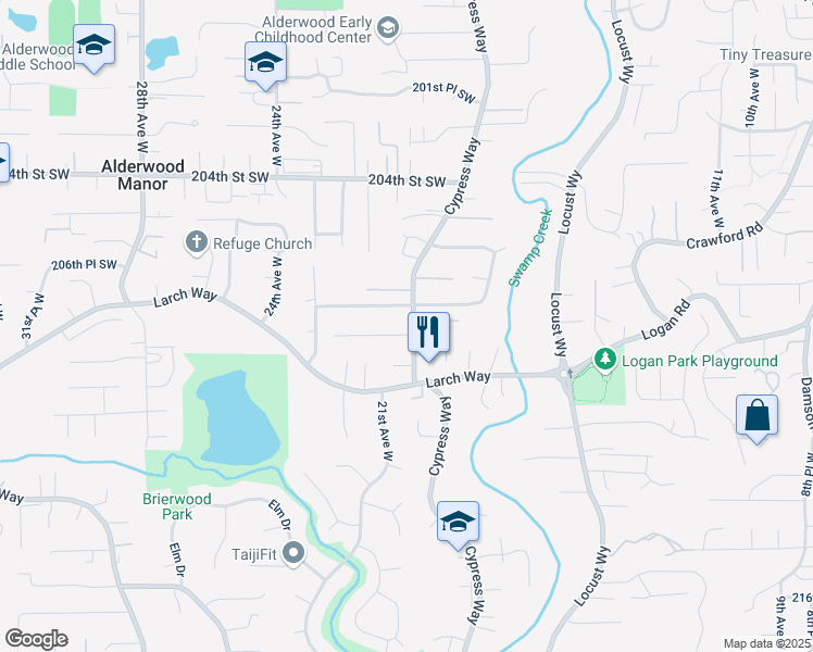 map of restaurants, bars, coffee shops, grocery stores, and more near 2007 208th Place Southwest in Lynnwood
