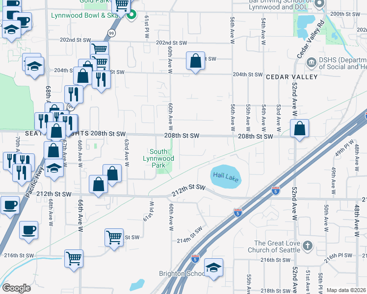 map of restaurants, bars, coffee shops, grocery stores, and more near 20823 59th Place West in Lynnwood