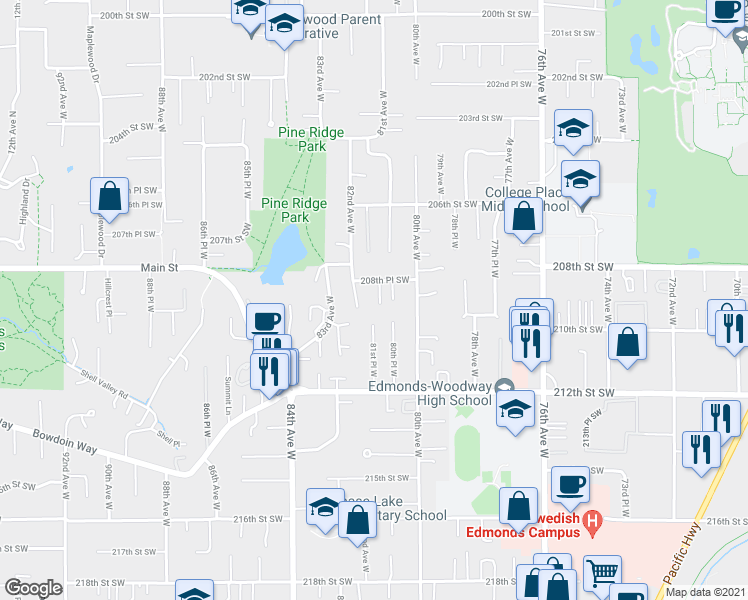 map of restaurants, bars, coffee shops, grocery stores, and more near 8116 208th Place Southwest in Edmonds