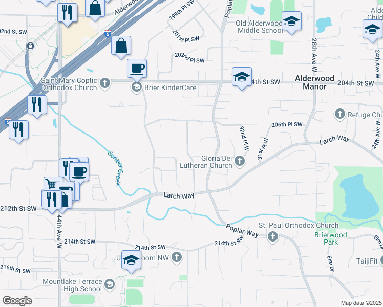 map of restaurants, bars, coffee shops, grocery stores, and more near 20809 36th Avenue West in Lynnwood