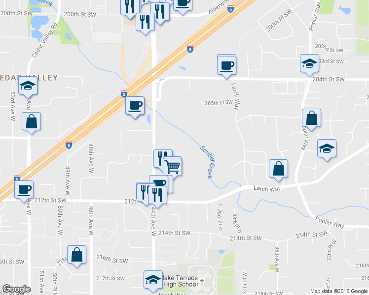 map of restaurants, bars, coffee shops, grocery stores, and more near 20901 44th Avenue West in Lynnwood
