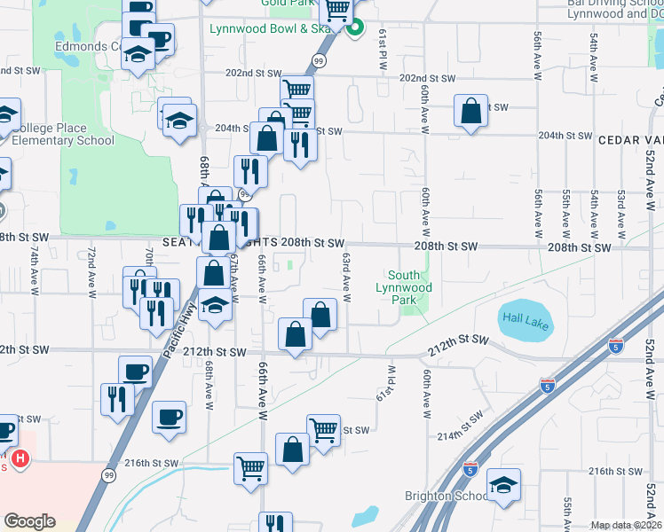 map of restaurants, bars, coffee shops, grocery stores, and more near 20826 63rd Avenue West in Lynnwood