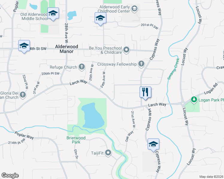 map of restaurants, bars, coffee shops, grocery stores, and more near 20806 23rd Avenue West in Lynnwood