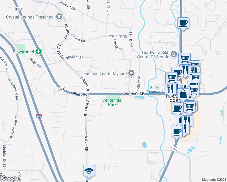 map of restaurants, bars, coffee shops, grocery stores, and more near 1126 207th Place Southeast in Bothell