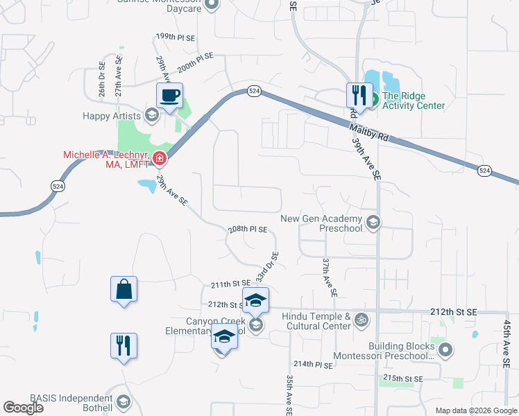 map of restaurants, bars, coffee shops, grocery stores, and more near 3316 207th Place Southeast in Bothell