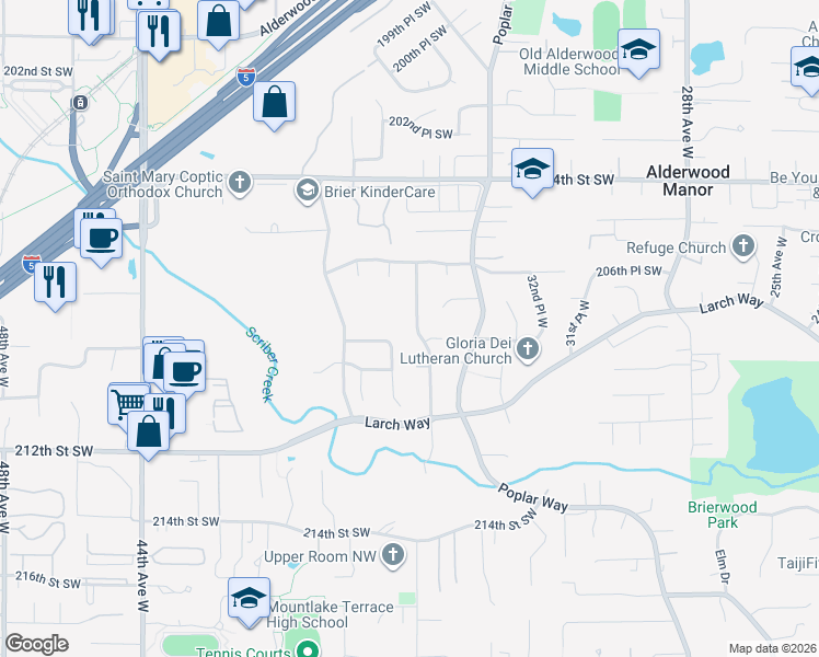 map of restaurants, bars, coffee shops, grocery stores, and more near 20809 36th Avenue West in Lynnwood