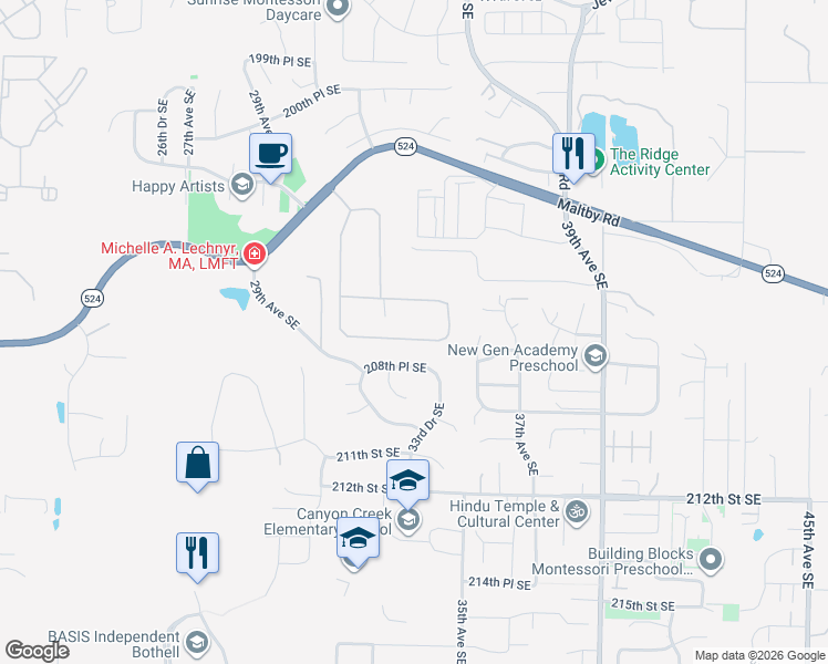 map of restaurants, bars, coffee shops, grocery stores, and more near 3316 207th Place Southeast in Bothell