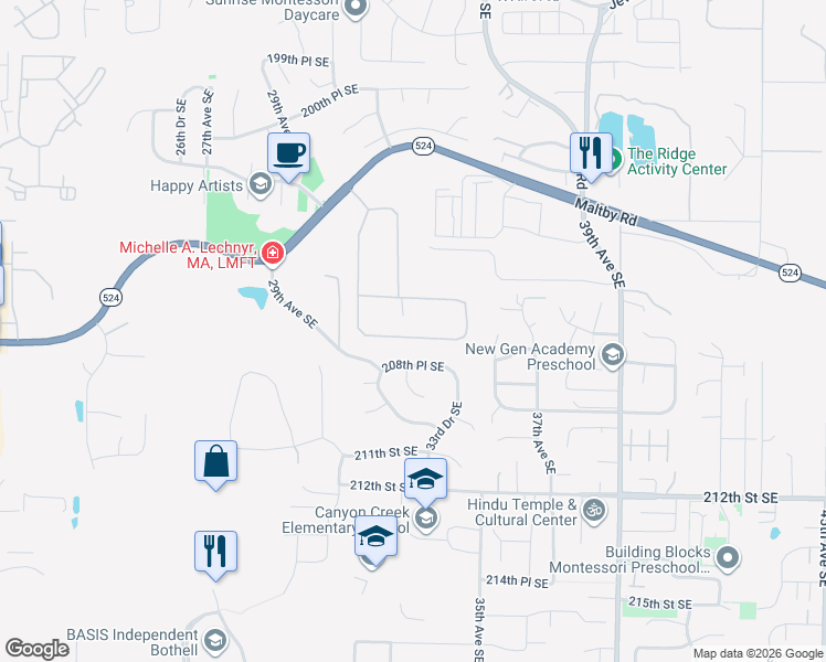 map of restaurants, bars, coffee shops, grocery stores, and more near 3305 207th Place Southeast in Bothell