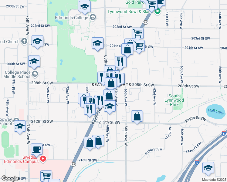 map of restaurants, bars, coffee shops, grocery stores, and more near 20909 67th Avenue West in Lynnwood