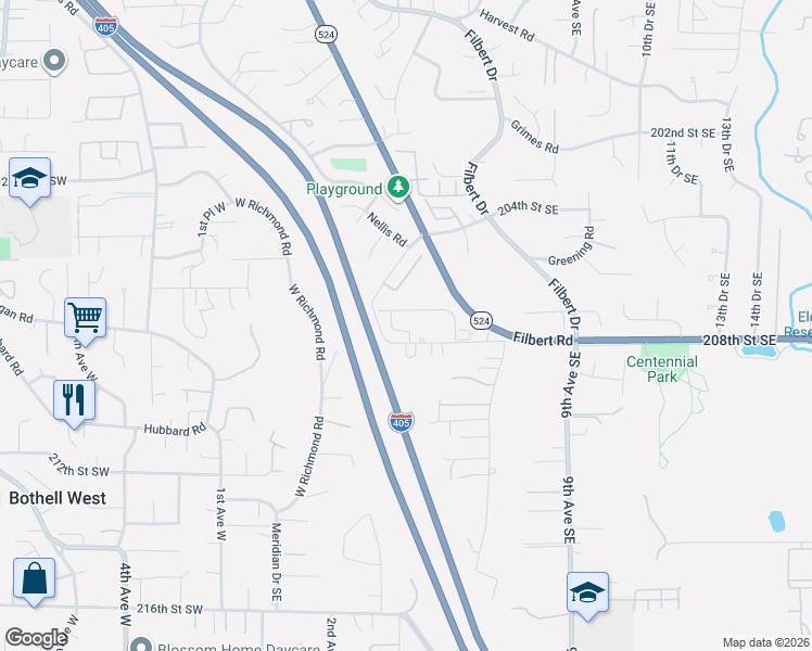 map of restaurants, bars, coffee shops, grocery stores, and more near 310 208th Street Southeast in Bothell