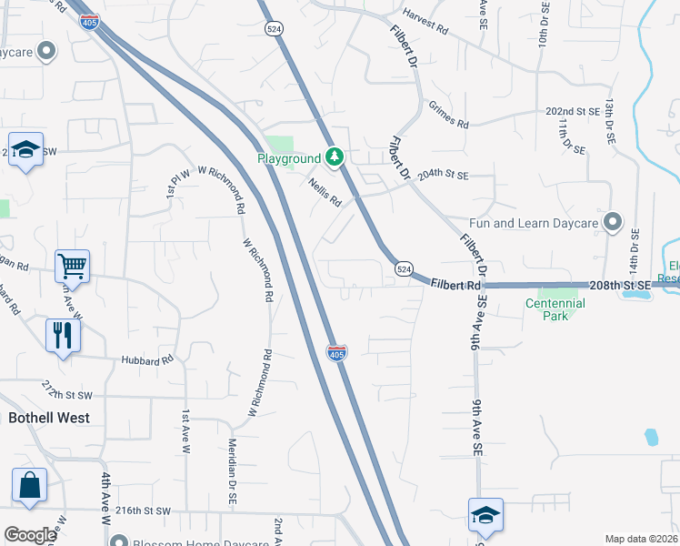 map of restaurants, bars, coffee shops, grocery stores, and more near 310 208th Street Southeast in Bothell