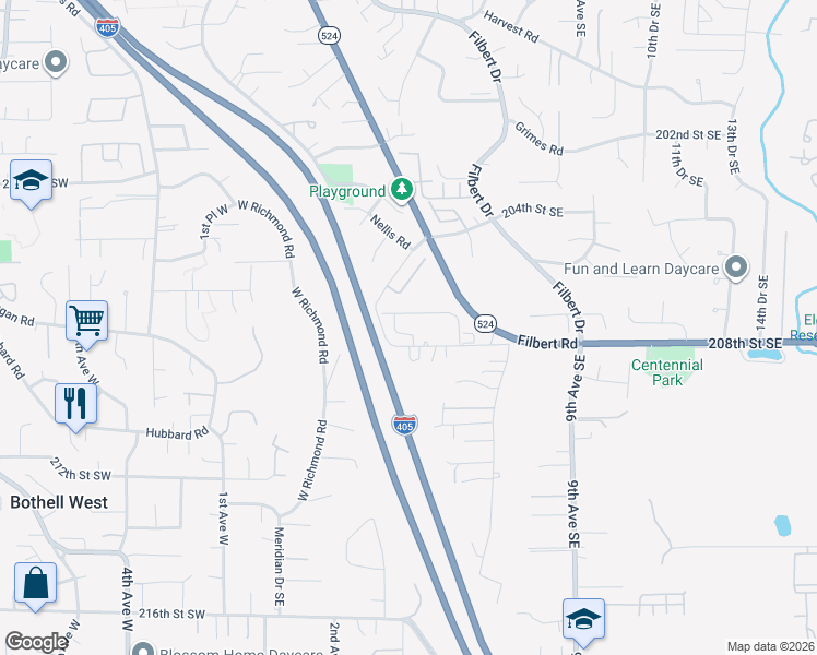 map of restaurants, bars, coffee shops, grocery stores, and more near 310 208th Street Southeast in Bothell